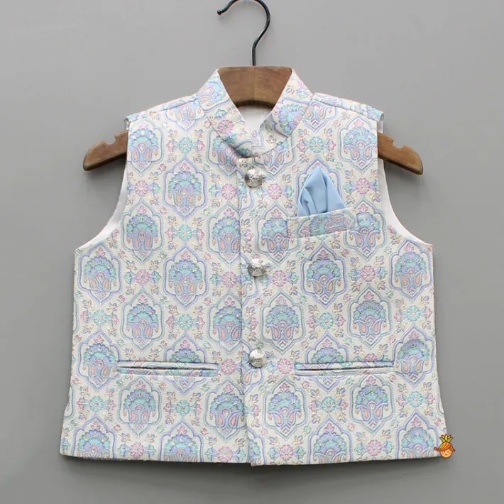 New Blue Kurta With Printed Embroidered Jacket And Pyjama BOY Indian Ethnic Wear | Ethnic Sets