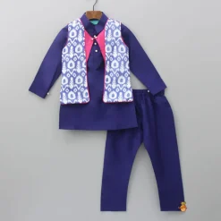 Sale Blue Kurta With Printed Stylish Jacket And Pyjama BOY Twinning Sets | Indian Ethnic Wear