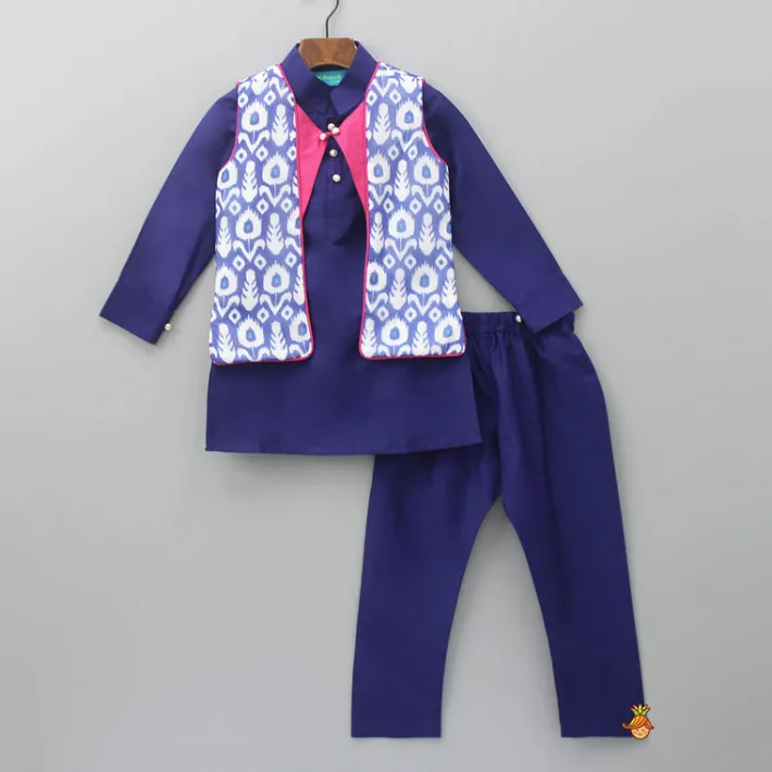 Sale Blue Kurta With Printed Stylish Jacket And Pyjama BOY Twinning Sets | Indian Ethnic Wear
