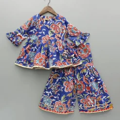 New Blue Multicolored Printed Angarkha Style Kurti And Sharara Twinning Sets | Ethnic Wear
