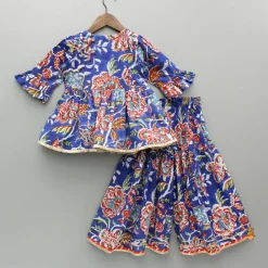 New Blue Multicolored Printed Angarkha Style Kurti And Sharara Twinning Sets | Ethnic Wear