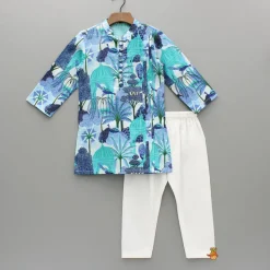 Sale Blue Multicolour Printed Kurta With Pintuck Detail And Pyjama BOY Indian Ethnic Wear | Ethnic Sets