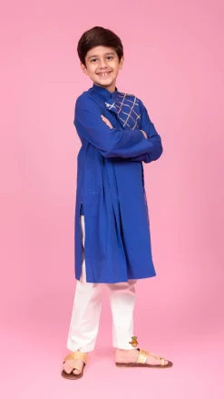 Discount Blue Pleated One Side Flap Stylish Kurta With Pant BOY Indian Ethnic Wear | Ethnic Sets