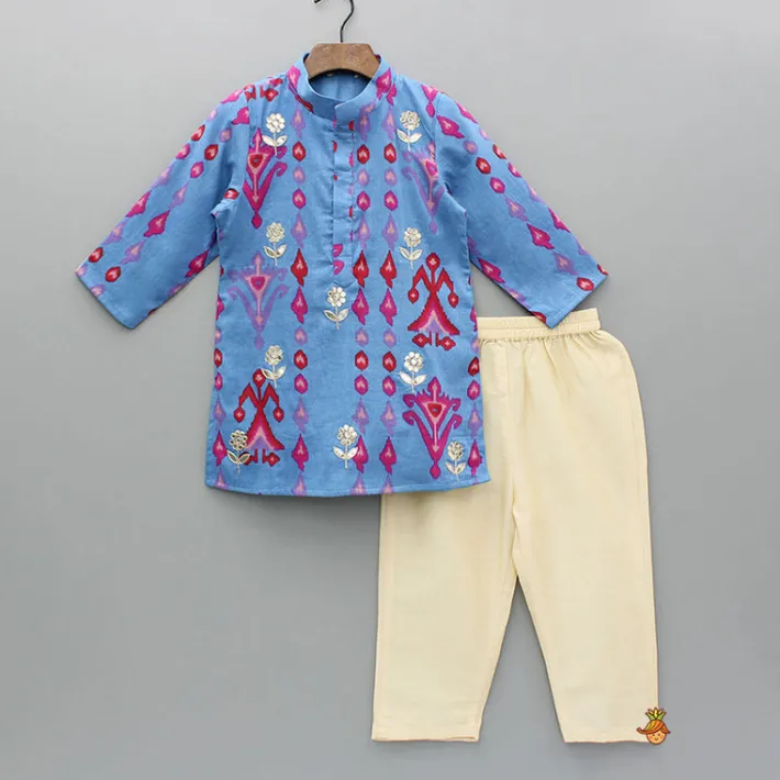 Outlet Blue Printed And Embroidered Kurta With Pyjama BOY Indian Ethnic Wear | Ethnic Sets