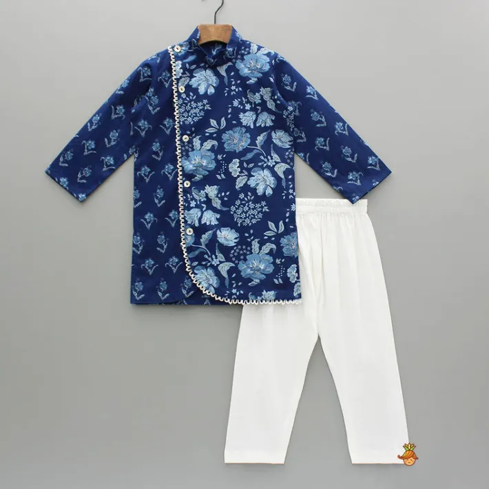 Outlet Blue Printed Asymmetric Kurta And Pyjama BOY Indian Ethnic Wear | Ethnic Sets