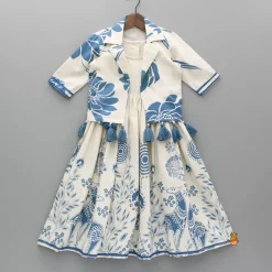 Online Blue Printed Flared Kurti And Front Open Collar Jacket Ethnic Wear | Kurtis & Jumpsuits