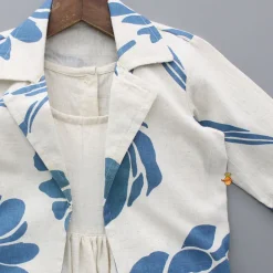 Online Blue Printed Flared Kurti And Front Open Collar Jacket Ethnic Wear | Kurtis & Jumpsuits