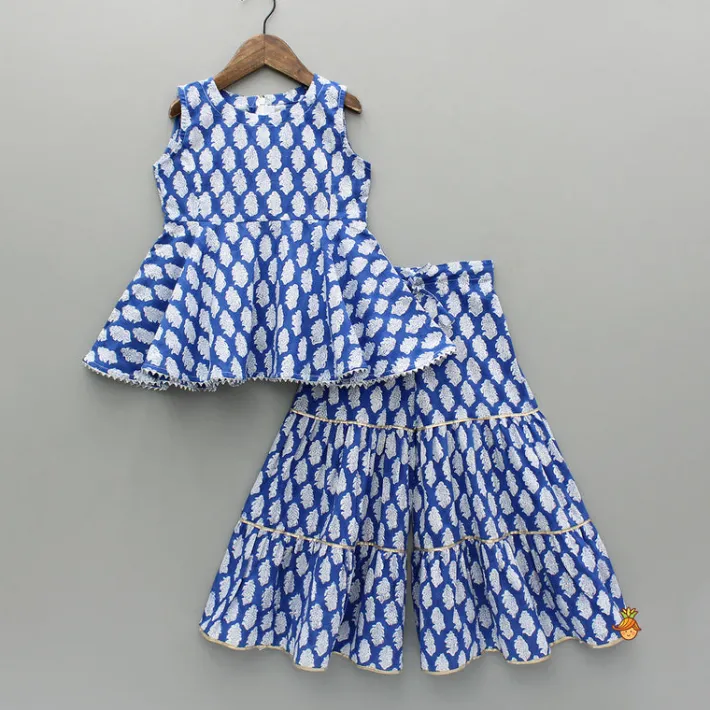 Best Blue Printed Top And Tiered Sharara Ethnic Wear | Palazzos & Shararas