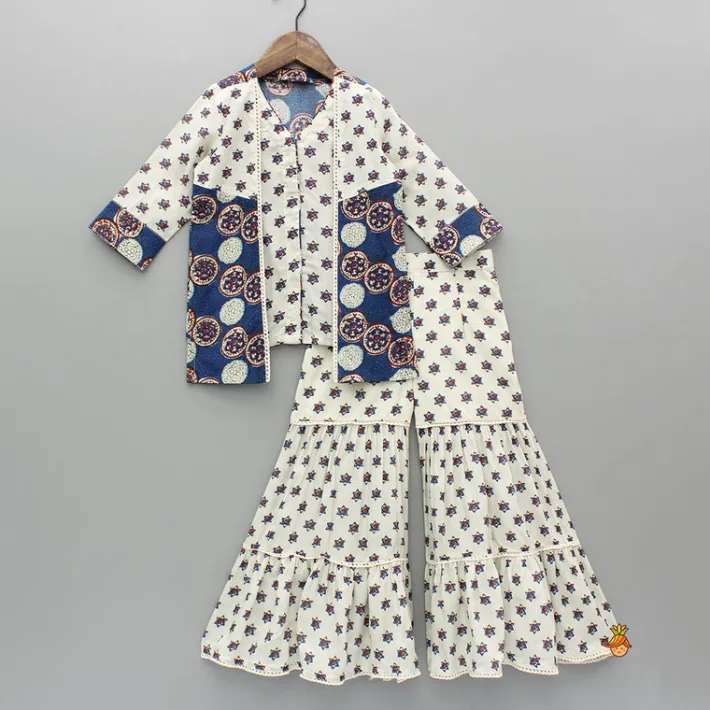 Online Blue Printed Top With Attached Flap And Tiered Sharara Ethnic Wear | Palazzos & Shararas