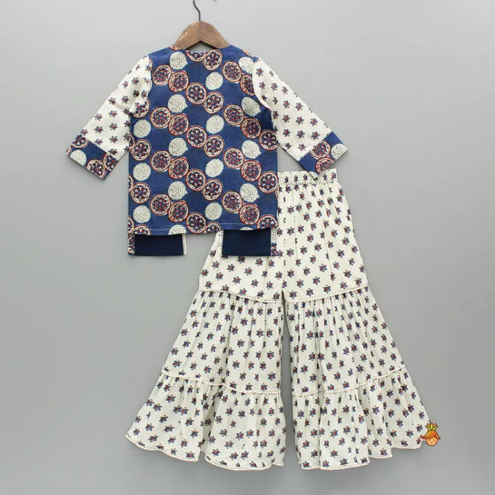 Online Blue Printed Top With Attached Flap And Tiered Sharara Ethnic Wear | Palazzos & Shararas