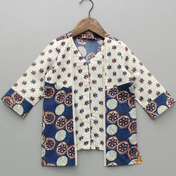 Online Blue Printed Top With Attached Flap And Tiered Sharara Ethnic Wear | Palazzos & Shararas