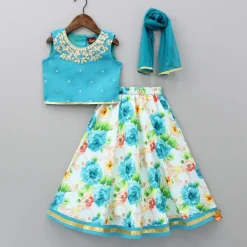 Discount Blue Top And Floral Printed Lehenga With Net Dupatta Lehengas & Ghagras | Ethnic Wear