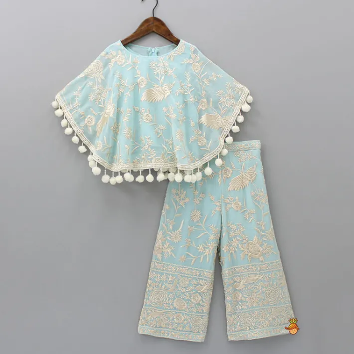 Outlet Blue Top With Pom Poms Detailed Embroidered Cape And Palazzo Ethnic Wear | Palazzos & Shararas