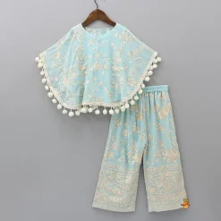 Outlet Blue Top With Pom Poms Detailed Embroidered Cape And Palazzo Ethnic Wear | Palazzos & Shararas