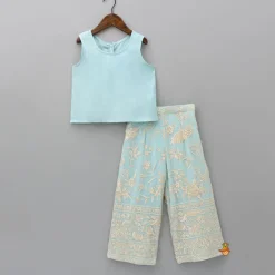 Outlet Blue Top With Pom Poms Detailed Embroidered Cape And Palazzo Ethnic Wear | Palazzos & Shararas