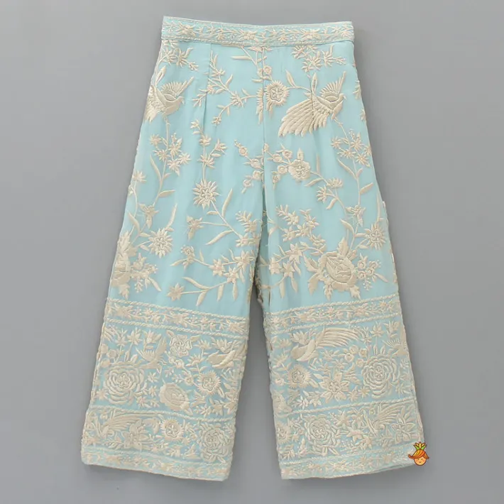 Outlet Blue Top With Pom Poms Detailed Embroidered Cape And Palazzo Ethnic Wear | Palazzos & Shararas