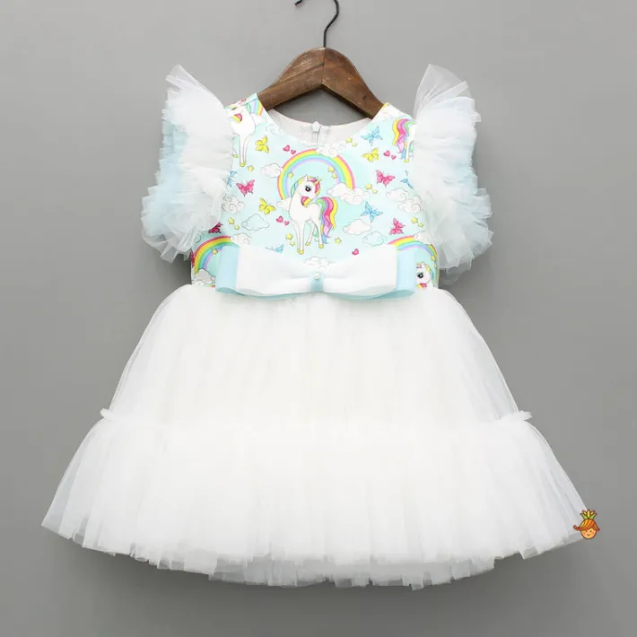Fashion Blue Unicorn Printed White Frilly Dress With Matching Sling Bag Dresses & Sets | Dresses
