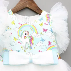 Fashion Blue Unicorn Printed White Frilly Dress With Matching Sling Bag Dresses & Sets | Dresses
