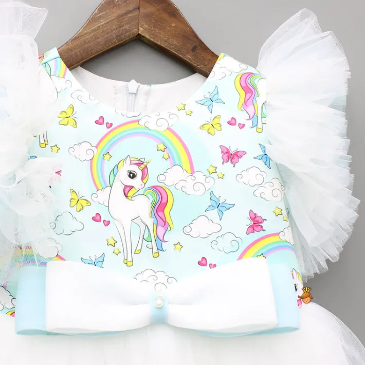 Fashion Blue Unicorn Printed White Frilly Dress With Matching Sling Bag Dresses & Sets | Dresses