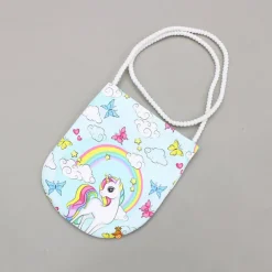 Fashion Blue Unicorn Printed White Frilly Dress With Matching Sling Bag Dresses & Sets | Dresses