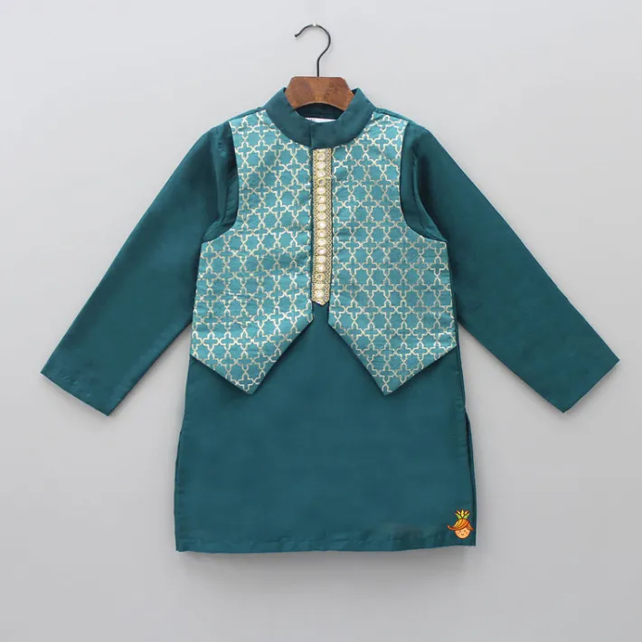 Clearance Bottle Green Kurta With Attached Jacket And Pyjama BOY Indian Ethnic Wear | Ethnic Sets