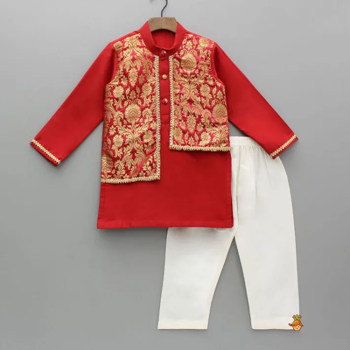 Outlet Brocade Attached Flap Red Kurta And Off White Pyjama BOY Twinning Sets | Indian Ethnic Wear