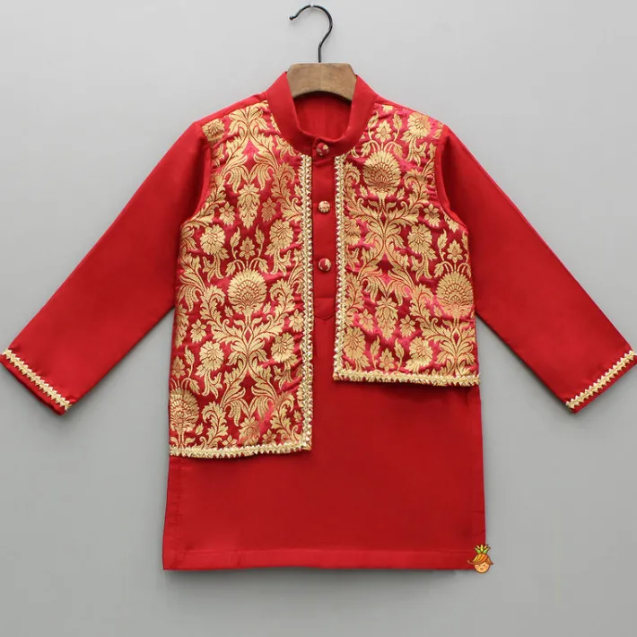 Outlet Brocade Attached Flap Red Kurta And Off White Pyjama BOY Twinning Sets | Indian Ethnic Wear