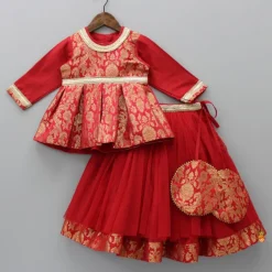 New Brocade Embroidered Red Box Pleated Top And Layered Lehenga With Matching Diagonal Gota Lace Work Dupatta Twinning Sets | Ethnic Wear