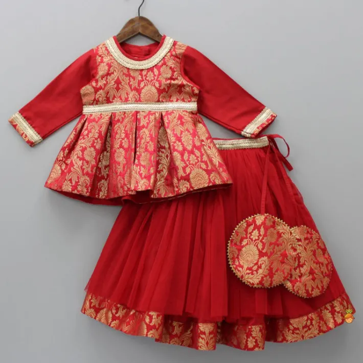 New Brocade Embroidered Red Box Pleated Top And Layered Lehenga With Matching Diagonal Gota Lace Work Dupatta Twinning Sets | Ethnic Wear