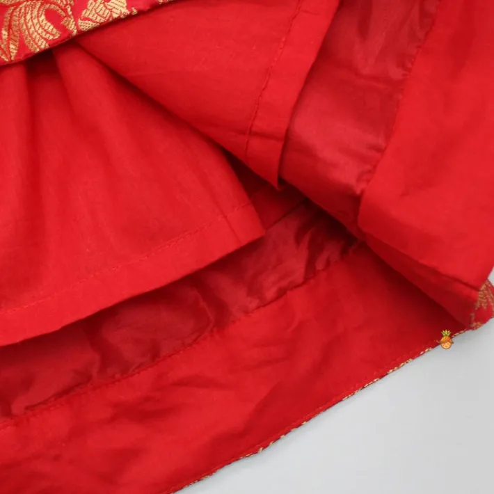 New Brocade Embroidered Red Box Pleated Top And Layered Lehenga With Matching Diagonal Gota Lace Work Dupatta Twinning Sets | Ethnic Wear