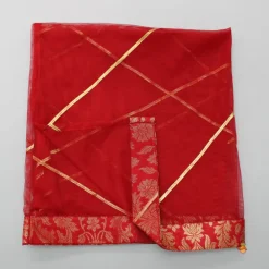 New Brocade Embroidered Red Box Pleated Top And Layered Lehenga With Matching Diagonal Gota Lace Work Dupatta Twinning Sets | Ethnic Wear