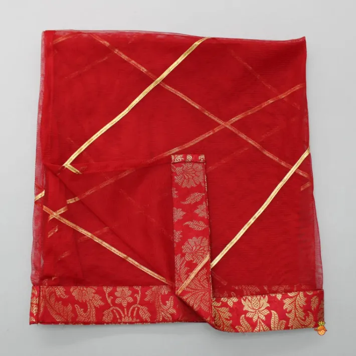 New Brocade Embroidered Red Box Pleated Top And Layered Lehenga With Matching Diagonal Gota Lace Work Dupatta Twinning Sets | Ethnic Wear