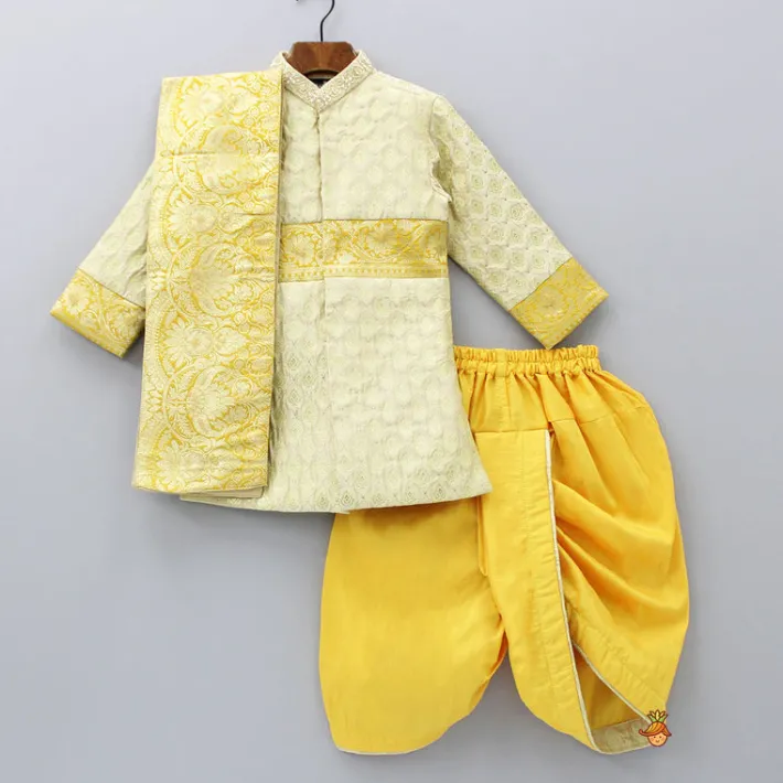 Fashion Brocade Embroidered Sherwani Style Kurta And Dhoti With Shawl BOY Twinning Sets | Indian Ethnic Wear