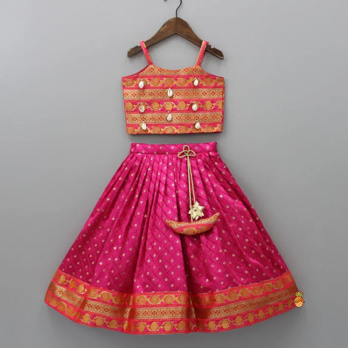 Best Brocade Strappy Top With Checks Embroidered Lehenga And Net Dupatta Ethnic Wear | Lehengas & Ghagras
