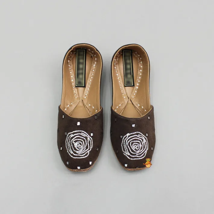 Hot Brown Faux Mirror And Embroidered Jutti BOY Shoes