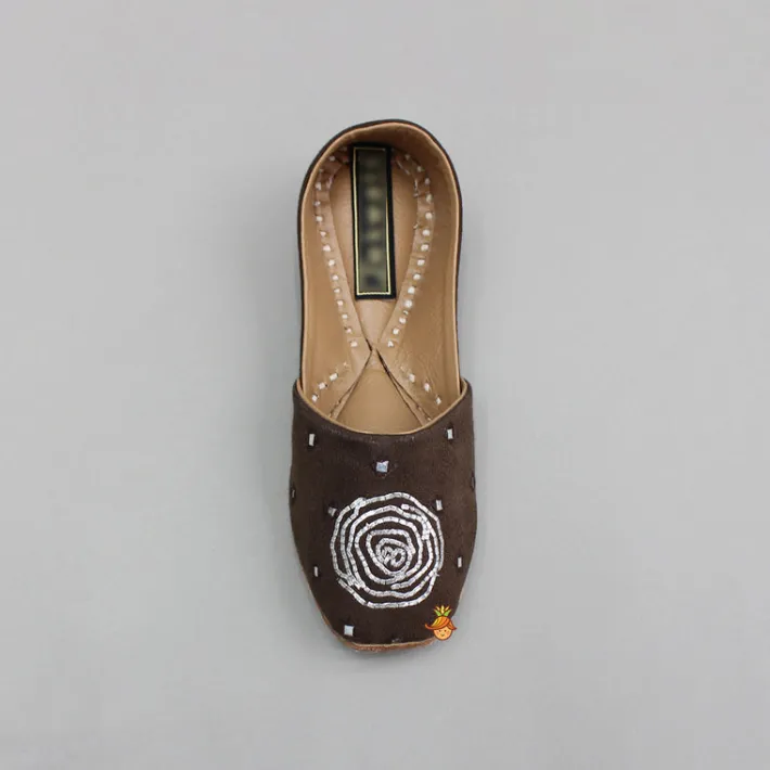 Hot Brown Faux Mirror And Embroidered Jutti BOY Shoes