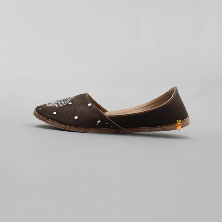 Hot Brown Faux Mirror And Embroidered Jutti BOY Shoes