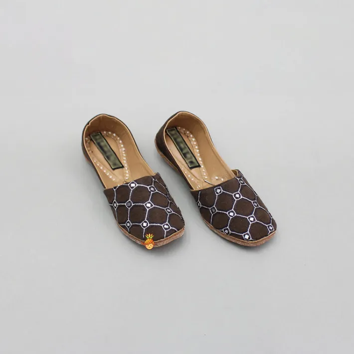 Discount Brown Faux Mirror work And Thread Embroidered Jutti BOY Shoes