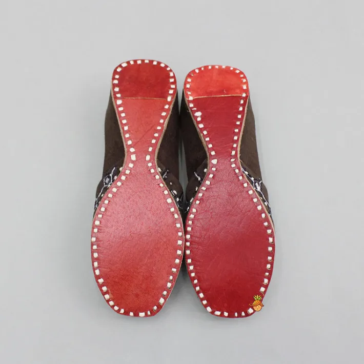 Discount Brown Faux Mirror work And Thread Embroidered Jutti BOY Shoes