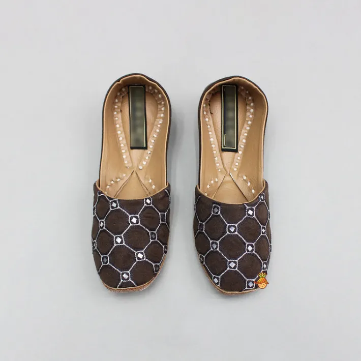 Discount Brown Faux Mirror work And Thread Embroidered Jutti BOY Shoes