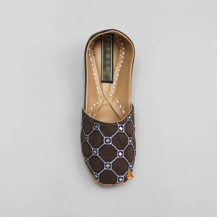 Discount Brown Faux Mirror work And Thread Embroidered Jutti BOY Shoes