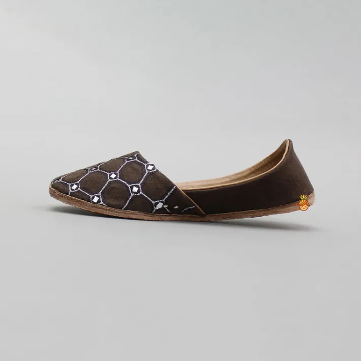 Discount Brown Faux Mirror work And Thread Embroidered Jutti BOY Shoes