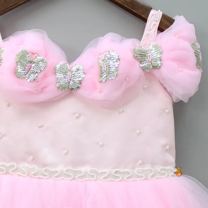 Best Butterfly And Pearls Enhanced Yoke Floral Baby Pink Gown With Detachable Drape Bow Dresses & Sets | Gowns