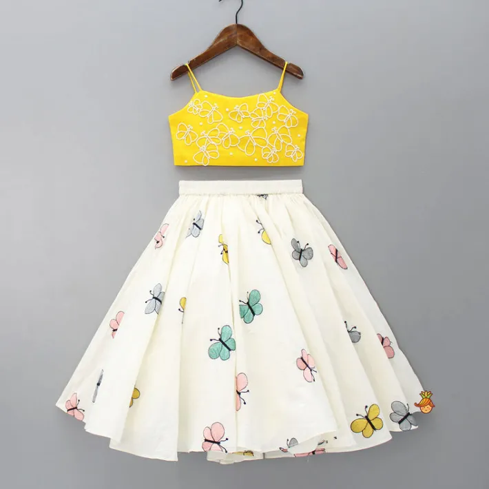 Hot Butterfly Embroidered Strappy Yellow Top And Flared Lehenga Ethnic Wear | Lehengas & Ghagras