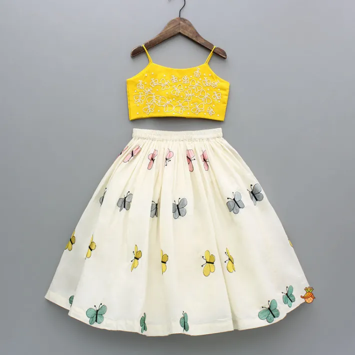 Discount Butterfly Embroidered Strappy Yellow Top And Flared Lehenga Ethnic Wear | Lehengas & Ghagras