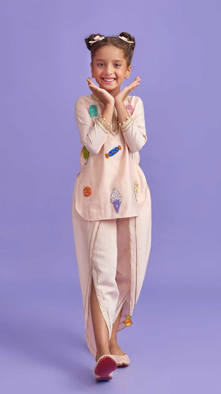 New Candies Embroidered Peach Kurti And Tulip Pant With Organza Ruffle Dupatta Ethnic Wear | Dhotis & Patialas
