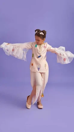 New Candies Embroidered Peach Kurti And Tulip Pant With Organza Ruffle Dupatta Ethnic Wear | Dhotis & Patialas