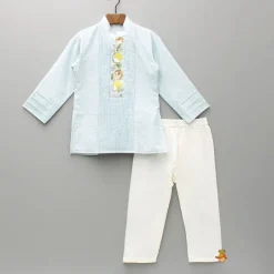 Outlet Chanderi Embroidered Blue Kurta With Pintucks And Pyjama BOY Indian Ethnic Wear | Ethnic Sets