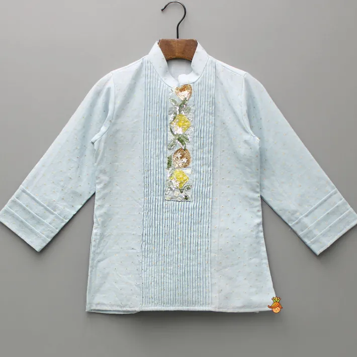 Outlet Chanderi Embroidered Blue Kurta With Pintucks And Pyjama BOY Indian Ethnic Wear | Ethnic Sets