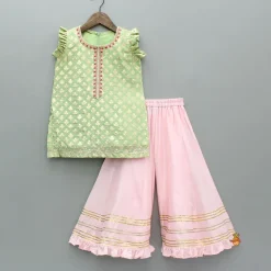 New Chanderi Embroidered Kurti And Flared Palazzo With Light Pink Dupatta Ethnic Wear | Palazzos & Shararas